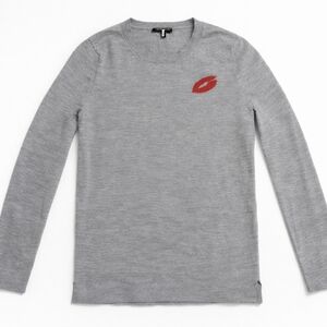 Banana Republic 100% Merino Wool Sweater Women's Size M Gray Crewneck Red Lips G